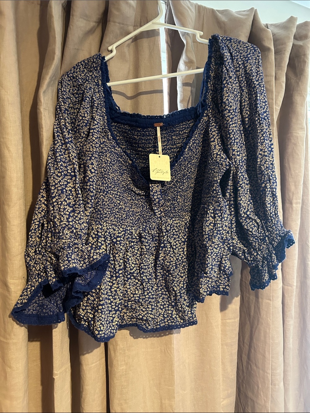Free People Smocked Navy Floral Peasant Top